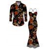 Vacation Vintage Couple Outfit Colored Maple Print Draped Mesh Panel Crisscross Bodycon Dress and Long Sleeve Shirt Set - Noir S | US 4