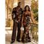 Vacation Vintage Couple Outfit Colored Maple Print Draped Mesh Panel Crisscross Bodycon Dress and Long Sleeve Shirt Set - Noir S | US 4