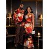 Vintage Vacation Couple Outfit Colored Rose Floral Print Draped Mesh Panel Crisscross Bodycon Dress and Long Sleeve Shirt Set - multicolor S | US 4