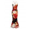 Vintage Vacation Couple Outfit Colored Rose Floral Print Draped Mesh Panel Crisscross Bodycon Dress and Long Sleeve Shirt Set - multicolor S | US 4