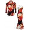Vintage Vacation Couple Outfit Colored Rose Floral Print Draped Mesh Panel Crisscross Bodycon Dress and Long Sleeve Shirt Set - multicolor S | US 4