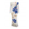 Vacation Dress Peony Floral Leaf Print Foldover Off the Shoulder Mesh Panel Long Sleeve Bodycon Dress - Abricot M | US 6