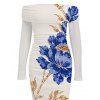 Vacation Dress Peony Floral Leaf Print Foldover Off the Shoulder Mesh Panel Long Sleeve Bodycon Dress - Abricot XL | US 12