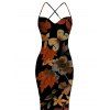 Vacation Vintage Dress Colored Maple Print Draped Mesh Panel Crisscross Bodycon Dress - multicolor XXL | US 14