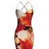 Vintage Vacation Dress Colored Rose Floral Print Draped Mesh Panel Crisscross Bodycon Dress - multicolor XXL | US 14