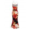 Vintage Vacation Dress Colored Rose Floral Print Draped Mesh Panel Crisscross Bodycon Dress - multicolor XXL | US 14