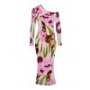 Vintage Vacation Dress Ink Painting Floral Print Mesh Panel Skew Neck Bodycon Dress - Rose XXL | US 14
