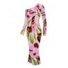Vintage Vacation Dress Ink Painting Floral Print Mesh Panel Skew Neck Bodycon Dress - Rose XXL | US 14