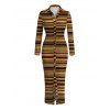 Vintage Shirt Dress Colorblock Striped Print Ruched Button Up Long Sleeve Bodycon Ethnic Dress - Brun XXL | US 14