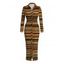 Vintage Shirt Dress Colorblock Striped Print Ruched Button Up Long Sleeve Bodycon Ethnic Dress - Brun XXL | US 14
