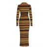 Vintage Shirt Dress Colorblock Striped Print Ruched Button Up Long Sleeve Bodycon Ethnic Dress - Brun XXL | US 14