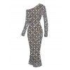Party Vintage Dress Rhinestone Lattice Print Mesh Panel Skew Neck Bodycon Dress - Gris M | US 6