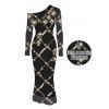 Vintage Party Dress Black Gold Chain Rhinestone Lattice Print Mesh Panel Skew Neck Bodycon Dress - Noir S | US 4