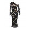 Vintage Party Dress Black Gold Chain Rhinestone Lattice Print Mesh Panel Skew Neck Bodycon Dress - Noir S | US 4