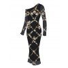 Vintage Party Dress Black Gold Chain Rhinestone Lattice Print Mesh Panel Skew Neck Bodycon Dress - Noir S | US 4
