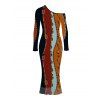 Vintage Dress Colorblock Vertical Stripe Chain Print Mesh Panel Skew Neck Bodycon Dress - multicolor A XXL | US 14