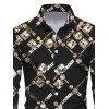 Men's Vintage Shirt Black Gold Chain Rhinestone Lattice Print Button Up Long Sleeve Shirt - Noir XL