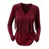 Casual Top Solid Color Tassel V Neck Long Sleeve Pullover Top - Rouge Vineux XXL | US 14