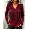 Casual Top Solid Color Tassel V Neck Long Sleeve Pullover Top - Rouge Vineux XXL | US 14