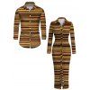 Vintage Couple Outfit Colorblock Striped Print Ruched Button Up Bodycon Shirt Dress and Long Sleeve Shirt Ethnic Set - Brun S | US 4