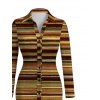 Vintage Couple Outfit Colorblock Striped Print Ruched Button Up Bodycon Shirt Dress and Long Sleeve Shirt Ethnic Set - Brun S | US 4