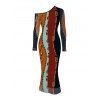 Vintage Couple Outfit Colorblock Vertical Stripe Chain Print Mesh Panel Skew Neck Bodycon Dress and Long Sleeve Shirt Set - multicolor A S | US 4