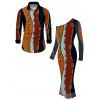 Vintage Couple Outfit Colorblock Vertical Stripe Chain Print Mesh Panel Skew Neck Bodycon Dress and Long Sleeve Shirt Set - multicolor A S | US 4