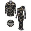 Vintage Party Couple Outfit Black Gold Chain Rhinestone Lattice Print Mesh Panel Skew Neck Bodycon Dress and Long Sleeve Shirt Set - Noir S | US 4