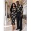 Vintage Party Couple Outfit Black Gold Chain Rhinestone Lattice Print Mesh Panel Skew Neck Bodycon Dress and Long Sleeve Shirt Set - Noir S | US 4