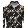 Vintage Party Couple Outfit Black Gold Chain Rhinestone Lattice Print Mesh Panel Skew Neck Bodycon Dress and Long Sleeve Shirt Set - Noir S | US 4
