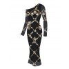 Vintage Party Couple Outfit Black Gold Chain Rhinestone Lattice Print Mesh Panel Skew Neck Bodycon Dress and Long Sleeve Shirt Set - Noir S | US 4