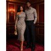Party Vintage Couple Outfit Rhinestone Lattice Print Mesh Panel Skew Neck Bodycon Dress and Long Sleeve Shirt Set - Gris S | US 4
