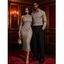 Party Vintage Couple Outfit Rhinestone Lattice Print Mesh Panel Skew Neck Bodycon Dress and Long Sleeve Shirt Set - Gris S | US 4