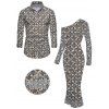 Party Vintage Couple Outfit Rhinestone Lattice Print Mesh Panel Skew Neck Bodycon Dress and Long Sleeve Shirt Set - Gris S | US 4