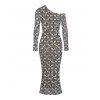 Party Vintage Couple Outfit Rhinestone Lattice Print Mesh Panel Skew Neck Bodycon Dress and Long Sleeve Shirt Set - Gris S | US 4