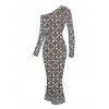 Party Vintage Couple Outfit Rhinestone Lattice Print Mesh Panel Skew Neck Bodycon Dress and Long Sleeve Shirt Set - Gris S | US 4