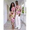 Vintage Vacation Couple Outfit Ink Painting Floral Print Mesh Panel Skew Neck Bodycon Dress and Long Sleeve Shirt Set - Rose S | US 4