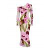 Vintage Vacation Couple Outfit Ink Painting Floral Print Mesh Panel Skew Neck Bodycon Dress and Long Sleeve Shirt Set - Rose S | US 4