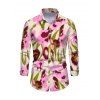 Vintage Vacation Couple Outfit Ink Painting Floral Print Mesh Panel Skew Neck Bodycon Dress and Long Sleeve Shirt Set - Rose S | US 4