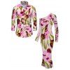 Vintage Vacation Couple Outfit Ink Painting Floral Print Mesh Panel Skew Neck Bodycon Dress and Long Sleeve Shirt Set - Rose S | US 4