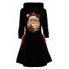Holiday Hoodie Dress Santa Claus with Christmas Hat Floral Leaf Print Lace Up Drawstring A Line Hooded Dress - Noir S | US 4
