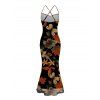 Vacation Vintage Dress Colored Maple Print Draped Mesh Panel Crisscross Bodycon Dress - multicolor S | US 4