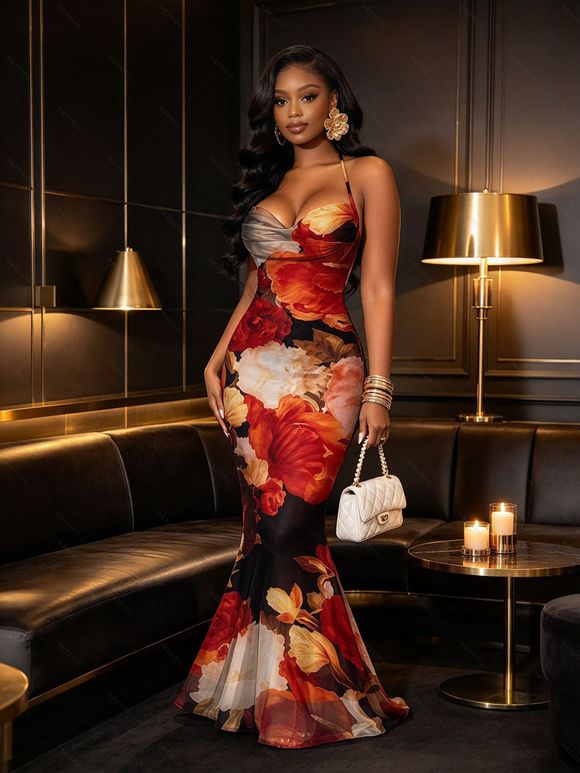 Vintage Vacation Dress Colored Rose Floral Print Draped Mesh Panel Crisscross Bodycon Dress - multicolor XXL | US 14