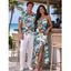 Vacation Couple Outfit Tropical Plant Floral Print Twisted Cut Out Slit Halter Dress and Shirt Set - Turquoise S | US 4