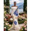 Vacation Dress Peony Floral Leaf Print Foldover Off the Shoulder Mesh Panel Long Sleeve Bodycon Dress - Abricot S | US 4
