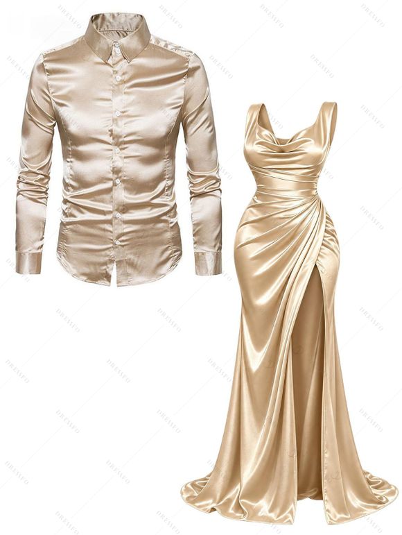 Party Couple Outfit Solid Color Ruched High Slit Bodycon Dress and Long Sleeve Satin Shirt Evening Set - Champagne S | US 4
