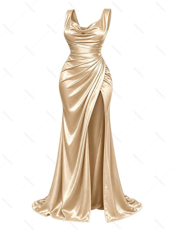Party Couple Outfit Solid Color Ruched High Slit Bodycon Dress and Long Sleeve Satin Shirt Evening Set - Champagne S | US 4