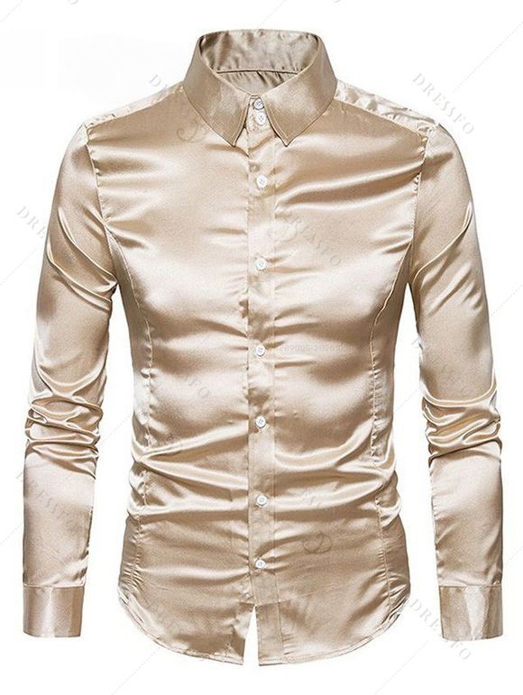 Party Couple Outfit Solid Color Ruched High Slit Bodycon Dress and Long Sleeve Satin Shirt Evening Set - Champagne S | US 4