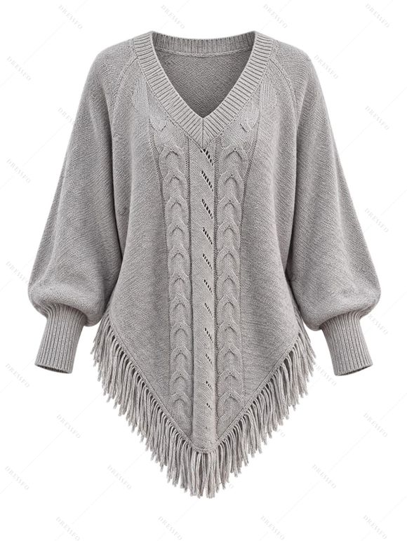 Daily Women Outfit Solid Color Cable Knit Hollow Out V Neck Pointed Hem Tassel Loose Sweater and Button Fly Pocket Skinny Jeans Set - Gris Clair S | US 4