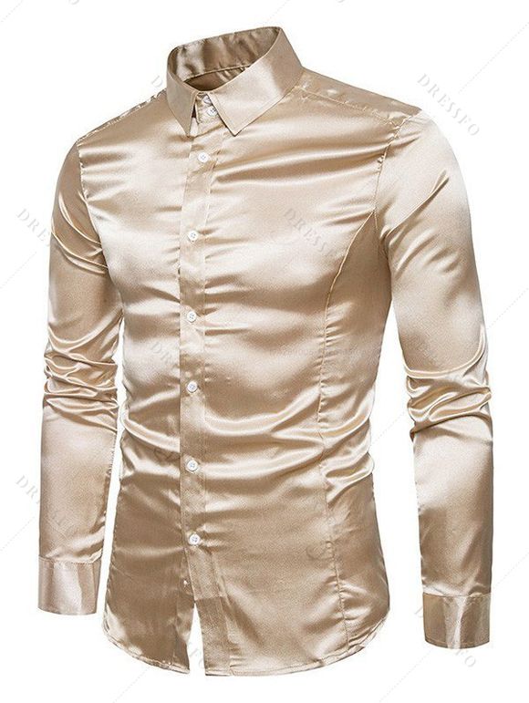 Party Couple Outfit Solid Color Ruched High Slit Bodycon Dress and Long Sleeve Satin Shirt Evening Set - Champagne S | US 4